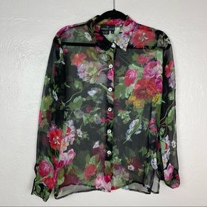 Carole Little Sheer 100% Silk Floral Black Long Sleeve Button Up Blouse Size 4